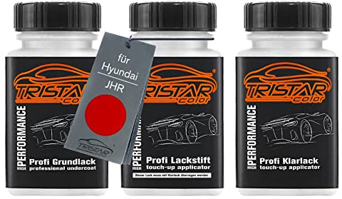 TRISTARcolor Autolack Lackstifte für Hyundai JHR Engine Red + Klarlack | Set aus Grundlack + Basislack + Klarlack, Lackfläschchen mit Pinsel, je 50ml