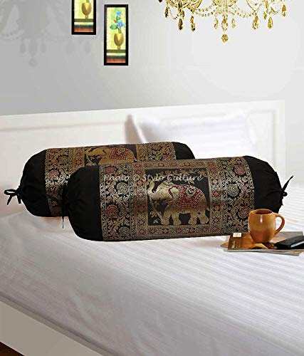 Stylo Culture Indian Polydupion Cylindrical Tube Body Bolster Pillow Roll Covers Black Jacquard Brocade Border Elephant Large Couch Round Cylinder Cushion Covers (Set of 2) | 30x15 Inches (76x38 cm)