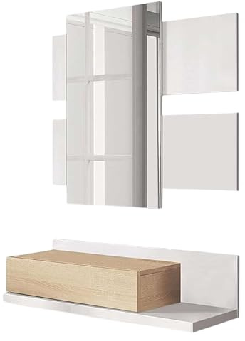Habitdesign, Flurablage mit Schublade und Spiegel, Wandmöbel in Artik weiß und Eiche für Eingangsbereich oder Schlafzimmer, modernes Design, Maße: 75 x 116 x 29 cm (B x H x T), Modell Tekkan