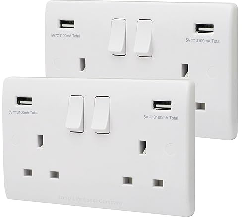 2 Gang 13amp Double Switched Socket UK Plug USB Charging Wall Outlet Pack of 2 USBW2-HE