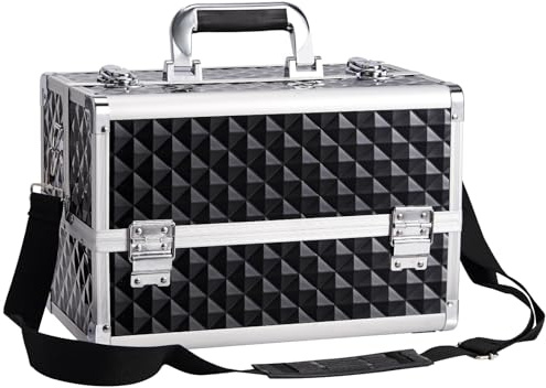 Joligrace Large Makeup Organiser Box Makeup Vanity Case Cosmetic Cases 4 Trays with Shoulder Strap Clasp Locks with Keys (Black)