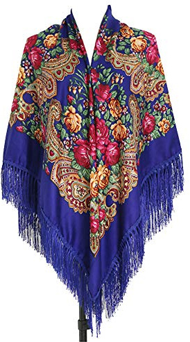 Gudessly, Bufanda tradicional retro de gran tamaño con flecos para mujer, chal de 157 x 157 cm, Estampado floral, Azul real, 62 * 62inch