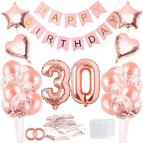 30. Geburtstag Frau: Rosegold Luftballon, Happy Birthday Banner & Konfetti Set
