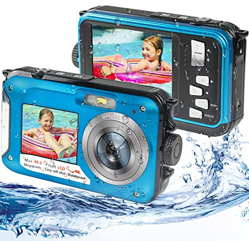 Macchina Fotografica Subacquea, Fotocamera Subacquea Digitale Full HD 2.7K Fotocamera Digitale Subacquea 48 MP con Doppio Schermo e Zoom Digitale 16X Blu