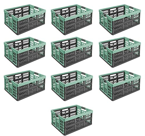 Lot de 10 boîtes à provisions pliables professionnelles robustes 45 l - 54 x 37 x 28 cm - Pliable avec poignées ergonomiques - Caisse de transport empilable - Vert/graphite