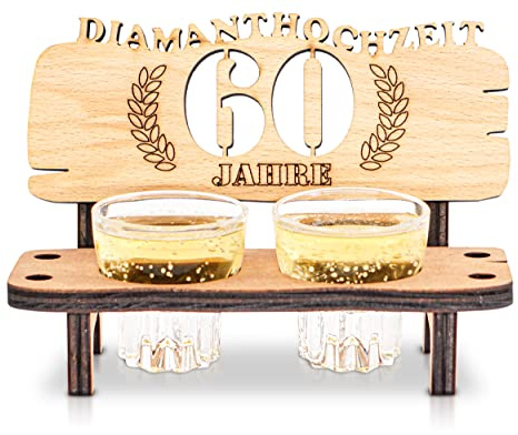 DARO Design - Schnapsbank 60. Hochzeitstag Diamanthochzeit Geschenk Deko für Paare Männer Frauen aus Holz mit Gläsern