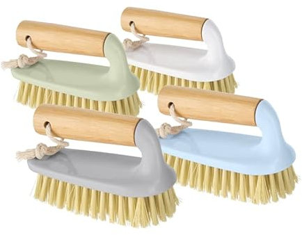 Scrubbing Brush with Bamboo Handle Heavy Duty Stiff Bristles for Cleaning Floors Carpets Bathroom and Kitchen Dishes - Assorted Colours - Pack of 1