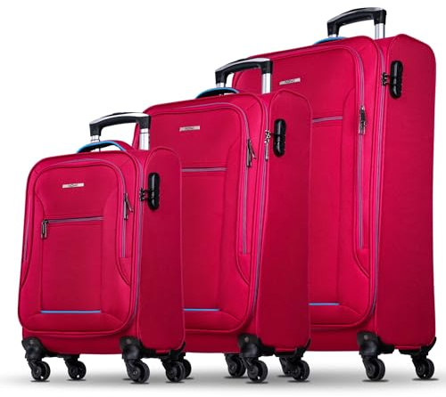 NOWI Sevilla Kofferset 3-teilig – Weichschalen Trolley Set (30L, 50L, 76L) mit 4 Rollen & Zahlenschloss | Leichte Reisekoffer in verschiedenen Größen (Bordeaux-Blau, Set)