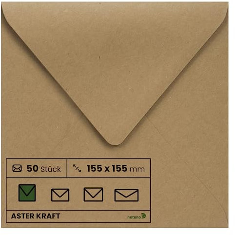 Netuno 50 quadratische Umschläge Kraftpapier 155 x 155 mm 100g Aster Kraft schöne Briefumschläge Vintage quadratisch Einladungs-Umschläge Hochzeit Weihnachten Geburtstag Taufe Brief-Kuvert Ökopapier