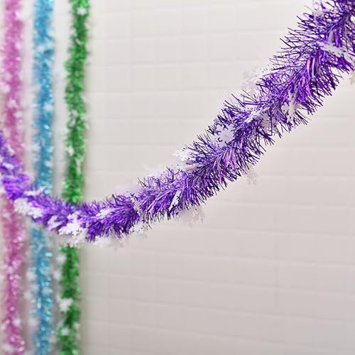 4 Stück x 3m Weihnachtsbaum Lametta Dekoration Girlande,Metallisch Lametta Girlande Christbaumschmuck Lametta Dekoration für Weihnachtsbaum Weihnachtsfeier Geburtstagsparty -Schneeflocke lila