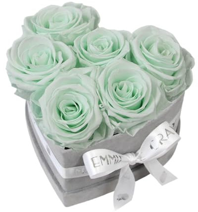 EG EMMIE GRAY Classic Infinity Rosenbox | Herz | Grau - Größe S mit 7 ± 1 Infinity Rosen, bis zu 3 Jahre haltbar, Flowerbox aus Samt mit konservierten Rosen, Blumenbox (Minty Green)