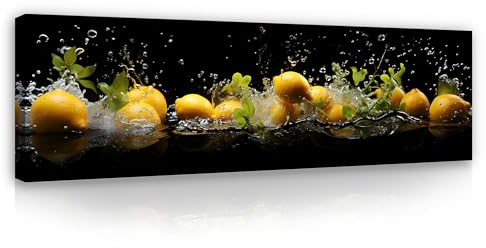 WallArena Leinwand Bilder - Küche Zitronen Wasser Schwarz - 145x45 cm | Leinwandbilder, Bild auf leinwand, Wandbild XXL groß Wandbilder für Wohnzimmer Schlafzimmer Wohnzimmerbilder