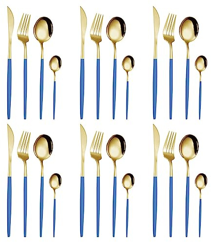 Surakey Service Couverts de Table 6 Personnes, 24PCS Set de Couverts en Acier Inoxydable 410 avec Couteau Fourchette Cuillère à Soupe Cuillères à thé, Passe au Lave-Vaisselle (Or Bleu)