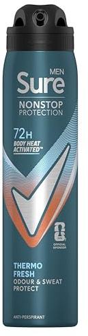 Sure Men Nonstop Protection Thermo Fresh Anti-Perspirant Aerosol Men's Deodorant Spray with Body Heat Activated technology and a clean fragrance for 72 hour odour and sweat protection 6x 250 ml