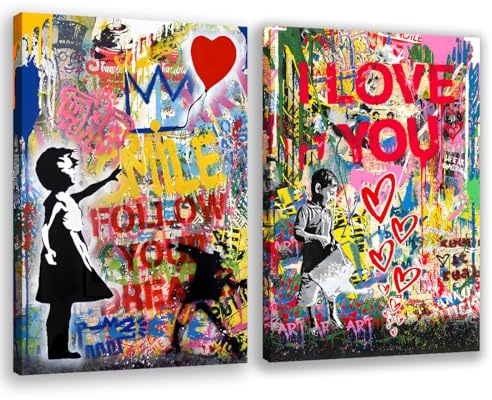 JoOcLa Set 2 Banksy Bilder Leinwand Poster Gemälde Canvas Wall Art Abstrakte Graffiti Street Kunstdruck Wandbilder Wandkunst Drucke Wohnzimmer Dekoration Bereit Deko (Rahmen A 40x60cm (16x24in))
