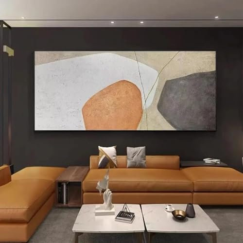 YAJNILUCK Abstraktes Ölgemälde in Beige und Grau auf Leinwand, beige, minimalistische Wandkunst, großes zeitgenössisches Gemälde für Wohnzimmer, Heimdekoration, 50 x 100 cm (20 x 39 Zoll) mit Rahmen