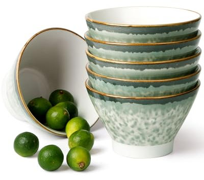 NUTRIUPS Juego de 6 cuencos de cerámica para cereales de 12,5 cm, 400 ml, color verde, cuenco de arroz, cuenco de helado