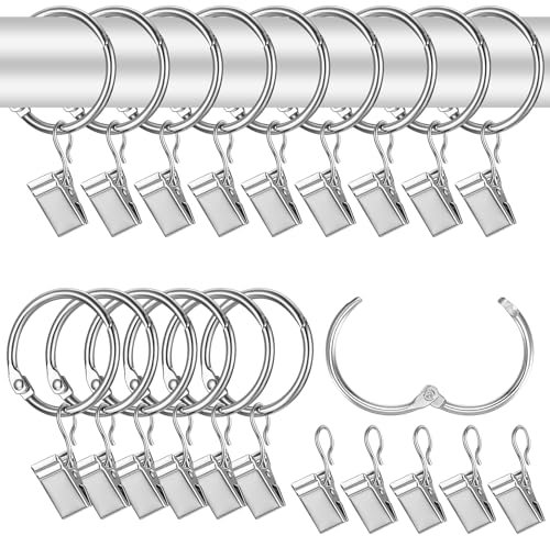 42 Stück Gardinenringe mit Clips, 32mm Metall Vorhangringe mit Clips, Gardinenringe mit Haken, Duschvorhang Ringe mit Clips, Hängend Vorhang Ringe für Fenster Duschvorhänge Gardinen Clips, Silber