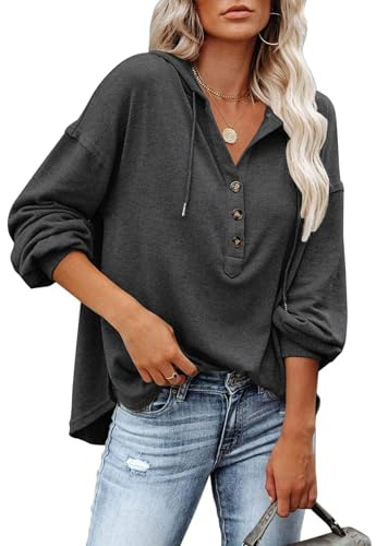 PLOKNRD Sudadera con Capucha de Manga Larga para Mujer Botón de Cuello V Blusa con Cuerda de Extracción Clásico Camisa Henley(Negro Gris,L)