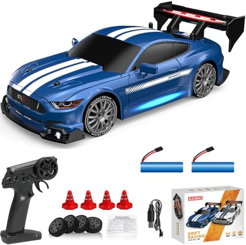 KAIMIO RC Drift Car im Maßstab 1:24 4WD, 2,4 GHz, 30 km/h, Hochgeschwindigkeits-Rennsport-Spielzeugauto mit LED Leuchten Renn und Drift Rädern (8602-Blau)