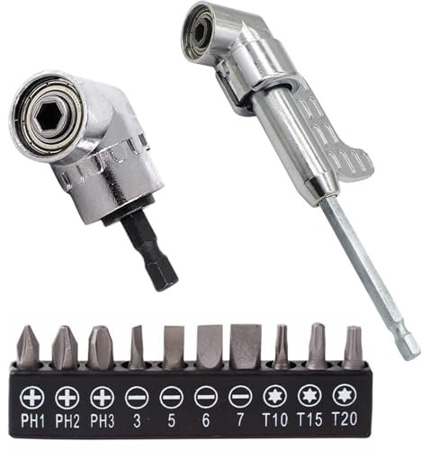 2 PCS 1/4 Inch105 Degree Right Angle Drill Adapter 90 Degree Right Angle Drill Attachment Set with 10 Pcs of Batch Head, Suitable for DIY or Professional Use