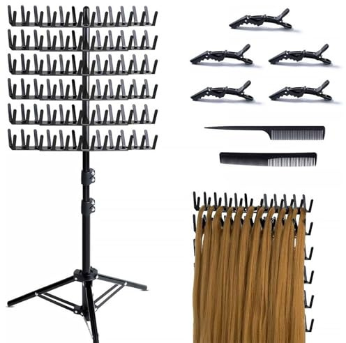 TAZZOR Support d'extensions de cheveux à 144 broches avec 6 pinces à cheveux et 2 peignes – Support pour extensions de cheveux – Réglable en hauteur et pliable – Support pour extensions de cheveux et