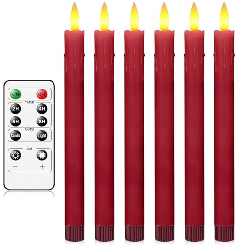 AnnSpa LED Kerzen mit Fernbedienung Batteriebetriebene, 6 Stück Mit Langem Stab Dochtlose Stumpenkerzen Heimdekoration Lange Konisch Kerzenhalter Dekoration, LED Stabkerzen mit Timerfunktion - Rot
