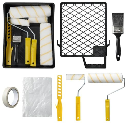 QILICZ Set da pittura, set da 12 pezzi, con vaschetta di vernice, asta di miscelazione, pellicola di copertura, pennello per pittura, griglia di sgocciolamento, rullo colorato con manicotti di
