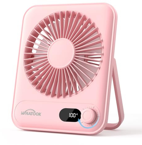 WHATOOK Leiser USB-Tischventilator: Stufenlos 1-100 Regler, 2000mAh Akku Tragbarer Lüfter mit LED-Anzeige, Sicher für Kinder/Haustiere, Ultra-Kompakt für Büro, Zuhause, Küche, Reise(Rosa)