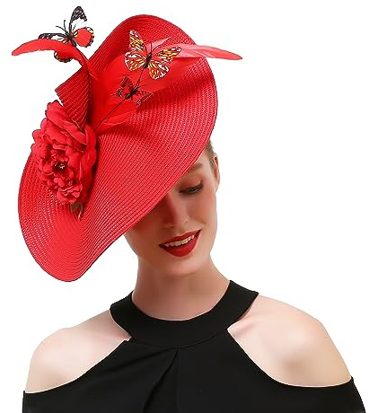 Red Straw Fascinator Hat with Flower and Feather, Tea Party Headwear with Butterfly for Women Ladies