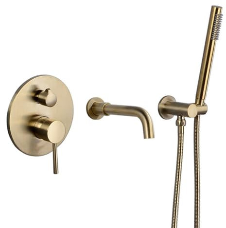 Miscelatore Doccia Incasso Oro Spazzolato Rubinetto per Vasca da Bagno con Deviatore Kit Doccia con Soffione e Doccetta