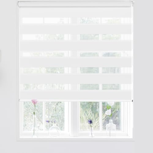 Kokorona Day and Night Zebra Roller Blinds, Dual Layer Fabric Zebra Window Blinds for Bedroom, Light Filtering Privacy Day Night Blinds, 75cm Wide x 150cm Length, White