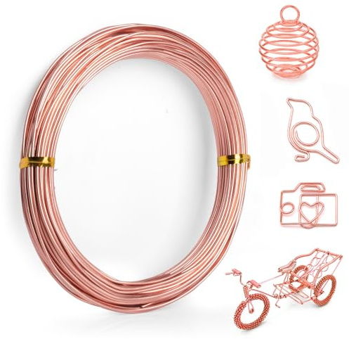MEGAVOW 1.5mm x 20m Fil d'Artisanat en Aluminium, Fil de Fer Métallique Souple Loisir Creatif, Sculpture Bijoux Bricolage Vigne, pour Colliers Bracelets Anneau, Or Rose