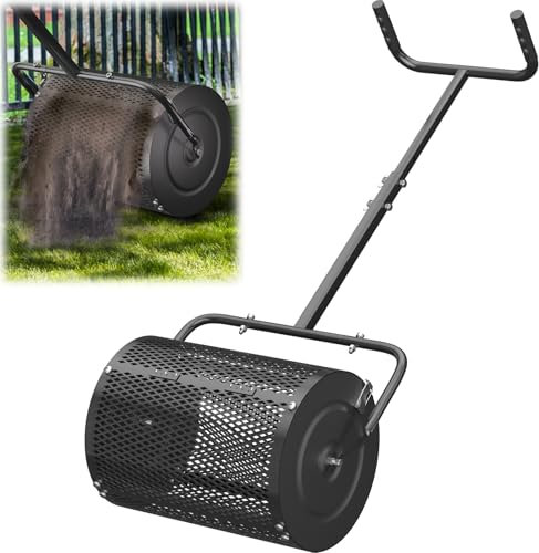 PoPoHoser Spandiconcime per torba, spargitore di compost con manico regolabile a forma di U, rullo per fertilizzante in metallo resistente da 40,6 cm, per terreno da prato, condimento superiore