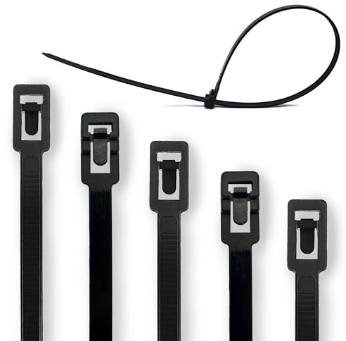 Packivo Lot de 100 serre-câbles réutilisables - 4,8 mm x 200 mm - Noir - Pour la gestion des câbles, résistants aux UV, au bureau, aux ateliers, au jardinage, à l'appartement