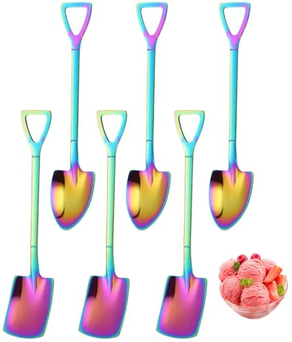6 Rainbow Shovel Spoons,Small Shovel Shape Stainless Steel Dessert Fruit Iced Tea Coffee Mixing Jam Ice Cream Salad Spade Spoons for Home Kitchen & Hotel Accessories,Mini Shovels For Party Favors Gift