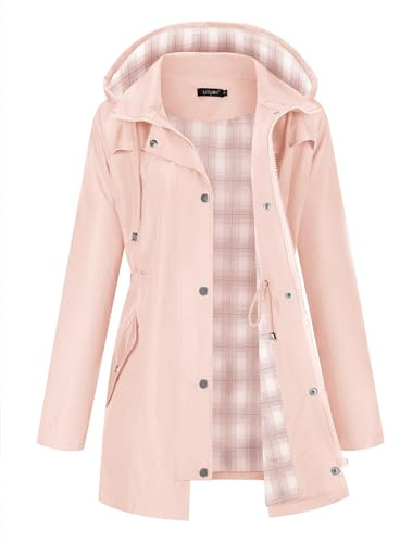 LOMON Women Waterproof Rain Jacket Lightweight Hooded Jackets Women Casual Lined Coats Outdoor Hiking Raincoat Pink L(Big Plaid Lining)