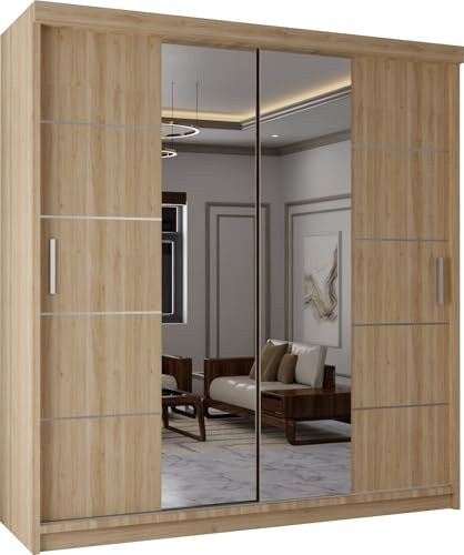 MN Furniture Modern Double Sliding Door Wardrobe 2 Mirrored Hanging Rails & Shelves Storage Cabinet for Bedroom (Lisbon Oak, 203cm)