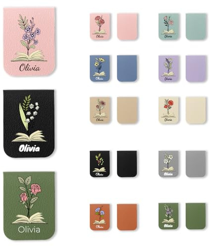 FIDWALL Lot de 3 marque-pages magnétiques personnalisables – Marque page en cuir PU avec prénom et fleur de naissance imprimés – Marque page magnétique pour livres, femmes, hommes, lecteurs