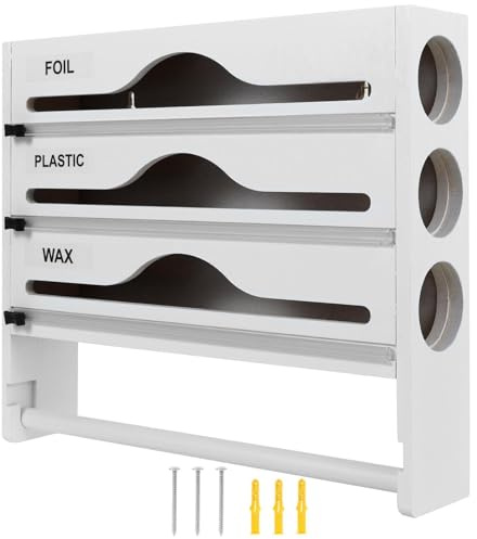 4 in 1 Folienschneider aus Bambus, Frischhaltefolienspender mit Cutter Küchenrollen Frischhaltefolie Alufolienspender Plastikfolie Organizer Aluminiumfolien Papierhandtuchhalter Wickelspender(C)