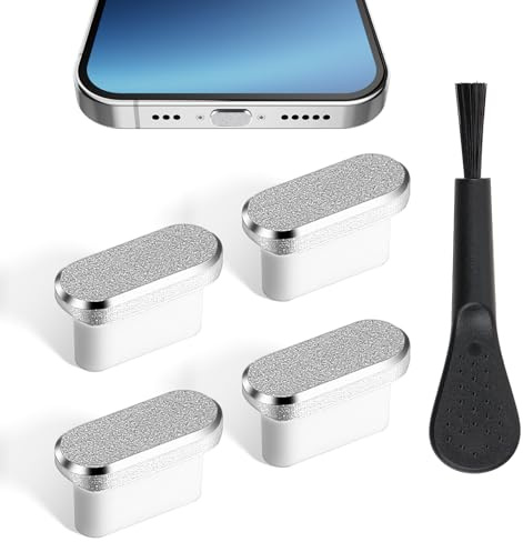 MBAIYO 4PCS USB C Dust Plug, Metal PE Charging Port Cover with Cleaning Brush Type C Plug Covers Power Input Protector Cap for All USB Type C Lightning Port Devices (4 Sliver)