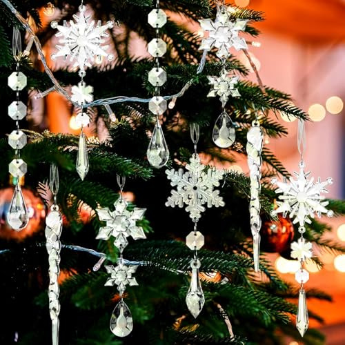 20pcs Crystals Snowflakes Icicles Drop Set, Hanging Acrylic Crystal Snowflake Christmas Decorations, Clear Snowflake Ornaments for Winter XmaTree New Year Party Decor