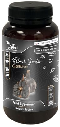 VED GarliLive, 90 Softgels, Fermented & Odourless Black Garlic Supplement with Dandelion Root, Yarrow herb, Immortelle herb, Vitamin E, B6, B2 & B1, Non-GMO, Halal, 3 Softgels per Day.