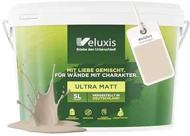 Veluxis Wandfarbe Beige Creme Hellgrau matt 5 L – Pure Pampas | Innenfarbe mit Deckkraft Klasse 1, VOC-frei, ohne Grundierung, tropfarm, für Wohnzimmer und Schlafzimmer