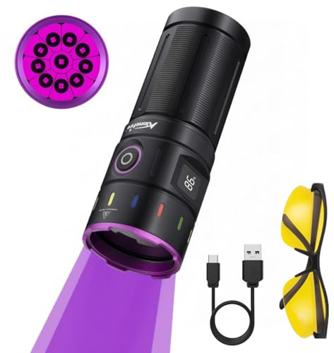 Alonefire SV140 365nm UV Taschenlampe 60W USB Aufladbar Digitale Anzeige Stark Schwarzlicht Haustierurin Detektor für Harz, Angeln, Skorpion, Bernstein, Mineralien mit UV Schutzbrille, Batterie