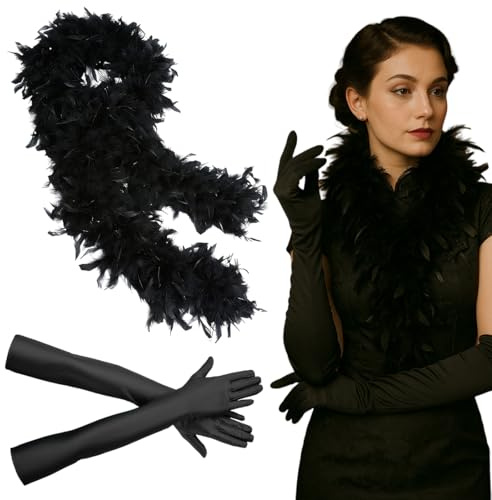 XPEX 1 PCS Sciarpa di piume nere con 1 paio di guanti neri in spandex 53 cm, Adatta a donne e ragazze, Perfetta per addii al nubilato, Halloween e costumi
