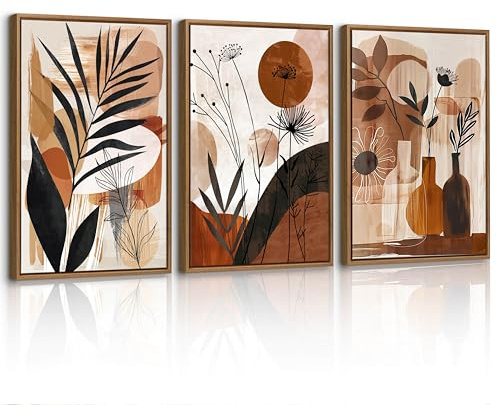 3 Pcs Boho Pflanzen Blatt Leinwand Bilder mit Rahmen Set, Braun Botanisch Blätter Wandbilder Minimalistisch Illustration Bild Auf Leinwand Poster Deko für Wohnzimmer Schlafzimmer Büro 30X40cmx3 Pcs