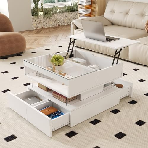 Merax Höhenverstellbarer Couchtisch 70x67x57 cm, Glasplatte, Wohnzimmertisch mit 16-Farbiger LED-Beleuchtung, Stauraum Fächern & Schubladen, moderner Beistelltisch, Weiß