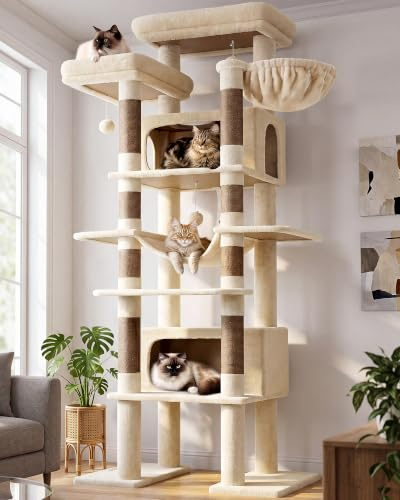 Globlazer F83B Kratzbaum XXL Beige 213 cm für Groß Katzen Katzenbaum Stabil | Extra großer, Über 2 Meter katzenbaum mit 2 Große Katzenhaus, Plattforms, Hängematte, für 3-5 mehrere große Katzen Maine Coon