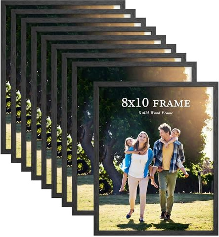 Tinkeps 8x10 Picture Frames Set of 9 - Solid Wood Core, Thin Frame But Not Hollow Plastic - Scratch & Water Resistant Black Wood Grain Finish